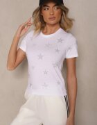 glo-story T-shirt Alb din Bumbac Decorat cu Stele cu Zirconiu Tenenisa