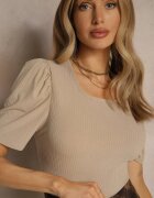 glo-story T-shirt Bej închis din țesătură striată cu pliuri la mâneci Kolaniella