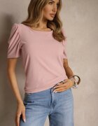 glo-story T-shirt Roz din Țesătură Reiată cu Pliuri la Mâneci Kolaniella