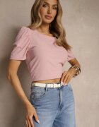 glo-story T-shirt Roz din Țesătură Reiată cu Pliuri la Mâneci Kolaniella