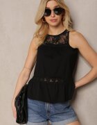 glo-story Top Negru din Bumbac Decorat cu Dantelă și Volănaș Larana
