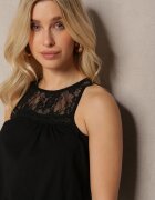 glo-story Top Negru din Bumbac Decorat cu Dantelă și Volănaș Larana
