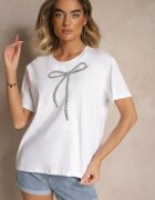 glo-story Tricou Alb din bumbac cu Aplicație cu paiete în formă de Fundă Tenuria