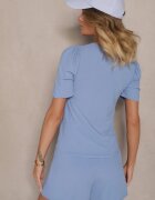 glo-story Tricou Albastru din Țesătură Reiată cu Pliuri la Mâneci Kolaniella