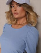 glo-story Tricou Albastru din Țesătură Reiată cu Pliuri la Mâneci Kolaniella