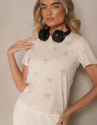 glo-story Tricou Bej din Bumbac Decorat cu Steluțe cu Strasuri de Zirconiu Tenenisa