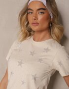 glo-story Tricou Bej din Bumbac Decorat cu Steluțe cu Strasuri de Zirconiu Tenenisa
