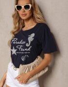 glo-story Tricou casual bleumarin din bumbac cu imprimeu și perle Biolexa