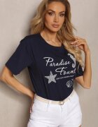 glo-story Tricou casual bleumarin din bumbac cu imprimeu și perle Biolexa
