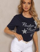 glo-story Tricou casual bleumarin din bumbac cu imprimeu și perle Biolexa