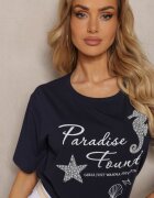 glo-story Tricou casual bleumarin din bumbac cu imprimeu și perle Biolexa