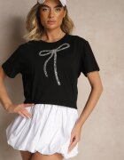 glo-story Tricou Negru de bumbac cu aplicație cu paiete în formă de fundiță Tenuria