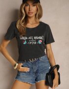 glo-story Tricou Negru din Bumbac Decorat cu Imprimeu Savetelle