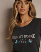 glo-story Tricou Negru din Bumbac Decorat cu Imprimeu Savetelle