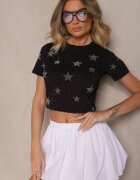 glo-story Tricou Negru din Bumbac Decorat cu Steluțe din Zirconiu Tenenisa