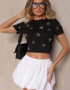 glo-story Tricou Negru din Bumbac Decorat cu Steluțe din Zirconiu Tenenisa