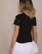 glo-story Tricou Negru din Bumbac Decorat cu Steluțe din Zirconiu Tenenisa