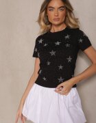 glo-story Tricou Negru din Bumbac Decorat cu Steluțe din Zirconiu Tenenisa