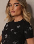 glo-story Tricou Negru din Bumbac Decorat cu Steluțe din Zirconiu Tenenisa