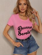glo-story Tricou Roz Casual din Bumbac Finisat cu Inscripție cu Zirconiu Lavisha