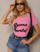 glo-story Tricou Roz Casual din Bumbac Finisat cu Inscripție cu Zirconiu Lavisha