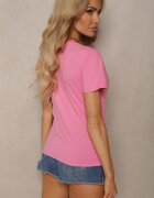 glo-story Tricou Roz Casual din Bumbac Finisat cu Inscripție cu Zirconiu Lavisha