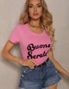 glo-story Tricou Roz Casual din Bumbac Finisat cu Inscripție cu Zirconiu Lavisha