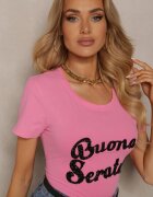 glo-story Tricou Roz Casual din Bumbac Finisat cu Inscripție cu Zirconiu Lavisha