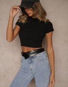 glo-story Tricou Scurt Negru din Țesătură Reiată Teloma