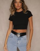 glo-story Tricou Scurt Negru din Țesătură Reiată Teloma