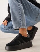 goodin Adidași Negri din Piele întoarsă Naturală pe Platformă cu Branț din Piele Rionelle