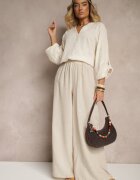 h&s Bluză Bej deschis din bumbac cu decolteu în V și broderie florală Lisorella