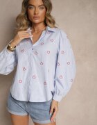 h&s Cămașă Albastru-Roșie din Bumbac Decorată cu Broderie Dovelira