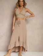 h&s Fustă bej închis cu spate prelungit decorată cu volane și nasturi Maleira