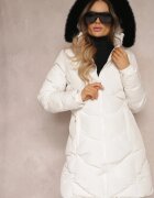 h&s Geacă Albă Matlasată până la genunchi cu glugă de blană Biho