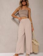 h&s Pantaloni Bej Culottes cu Talie Înaltă și Elastic Lipadre
