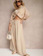 h&s Pantaloni Bej Largi High Waist Decorate cu Legătură Telonia