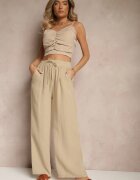 h&s Pantaloni Palazzo Bej Largi cu Talie înaltă și Legătură Decorativă Arandiel