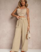 h&s Pantaloni Palazzo Bej Largi cu Talie înaltă și Legătură Decorativă Arandiel