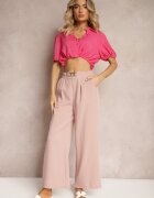 h&s Pantaloni roz pal cu picioare largi stil Palazzo High Waist cu elastic în talie și cu element decorativ Ellsiana