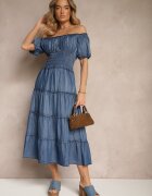 h&s Rochie Albastră cu Decolteu Spaniol și Talie Lată Încrețită Sardexia