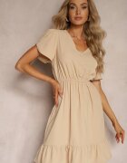 h&s Rochie Bej cu Elastic în Talie și Volane cu Croială Cloș Xelimia