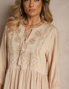 h&s Rochie Bej din Viscoză Decorată cu Broderie Galionetia