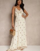 h&s Rochie Crem-Bej Petrecută cu Bretele din Bumbac cu Cordon Legat Reveesia