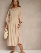 h&s Rochie din vâscoză bej cu croială evazată legată la decolteu Tilvessa