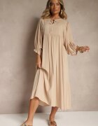 h&s Rochie din vâscoză bej cu croială evazată legată la decolteu Tilvessa