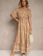 h&s Rochie Evazată Bej închis cu Volan cu Imprimeu Boho din Viscoză Tunova
