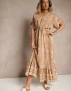 h&s Rochie Evazată Bej închis cu Volan cu Imprimeu Boho din Viscoză Tunova