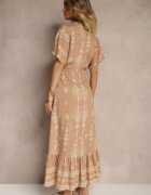 h&s Rochie Evazată Bej închis cu Volan cu Imprimeu Boho din Viscoză Tunova
