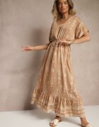 h&s Rochie Evazată Bej închis cu Volan cu Imprimeu Boho din Viscoză Tunova